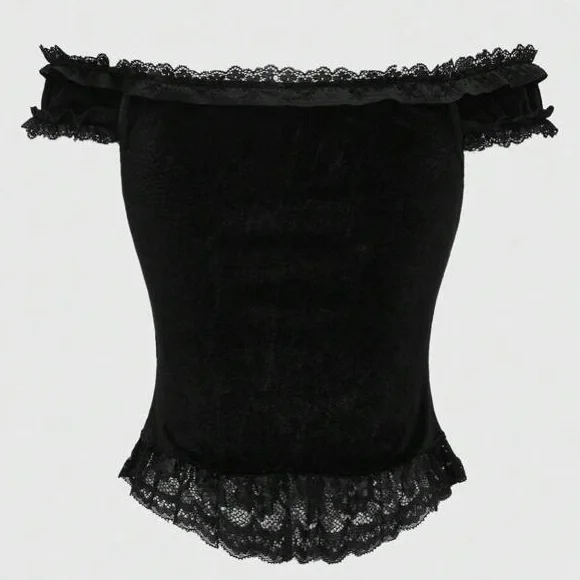 ROMWE Goth Gothic Palace Style Cross Lace Trim Velvet Off Shoulder Top Sz. M - Picture 3 of 13